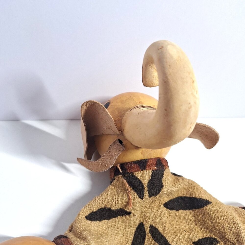 African Elephant Gourd Puppet Leather Handmade Ears Tusks Tribal Fabric READ - Picture 8 of 9